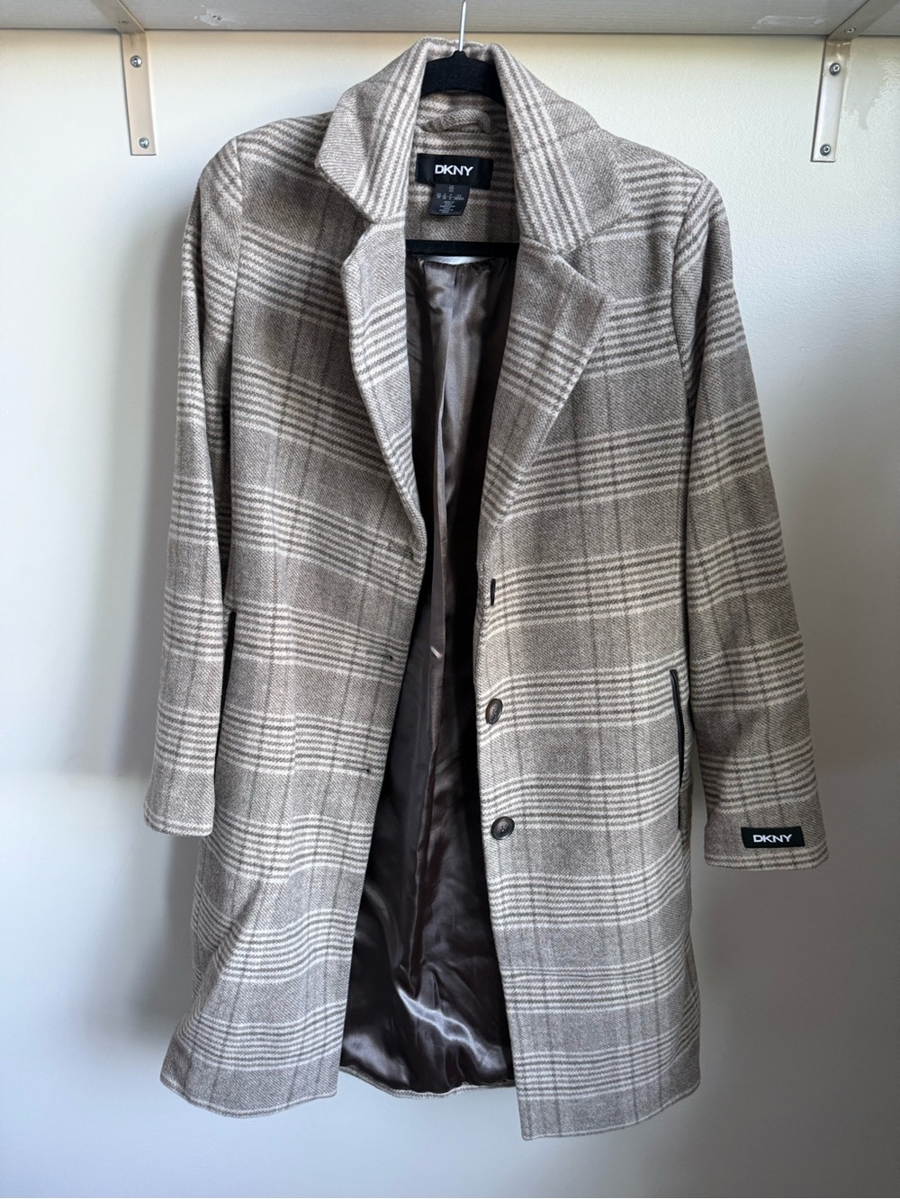 DKNY Plaid Wool-Blend Peacoat in Taupe and Cream